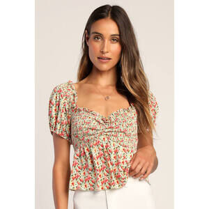 Lulus Such A Flirt Sage Floral Smocked Peplum Short Sleeve Top Green - Size M